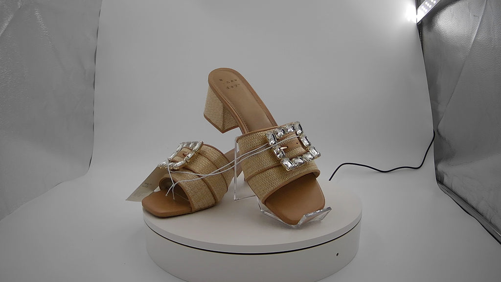 Women's Kathleen Raffia Buckle Block Heels - A New Day Beige 10: Slip-On Open Square Toe, Medium Width, Textured Outsole