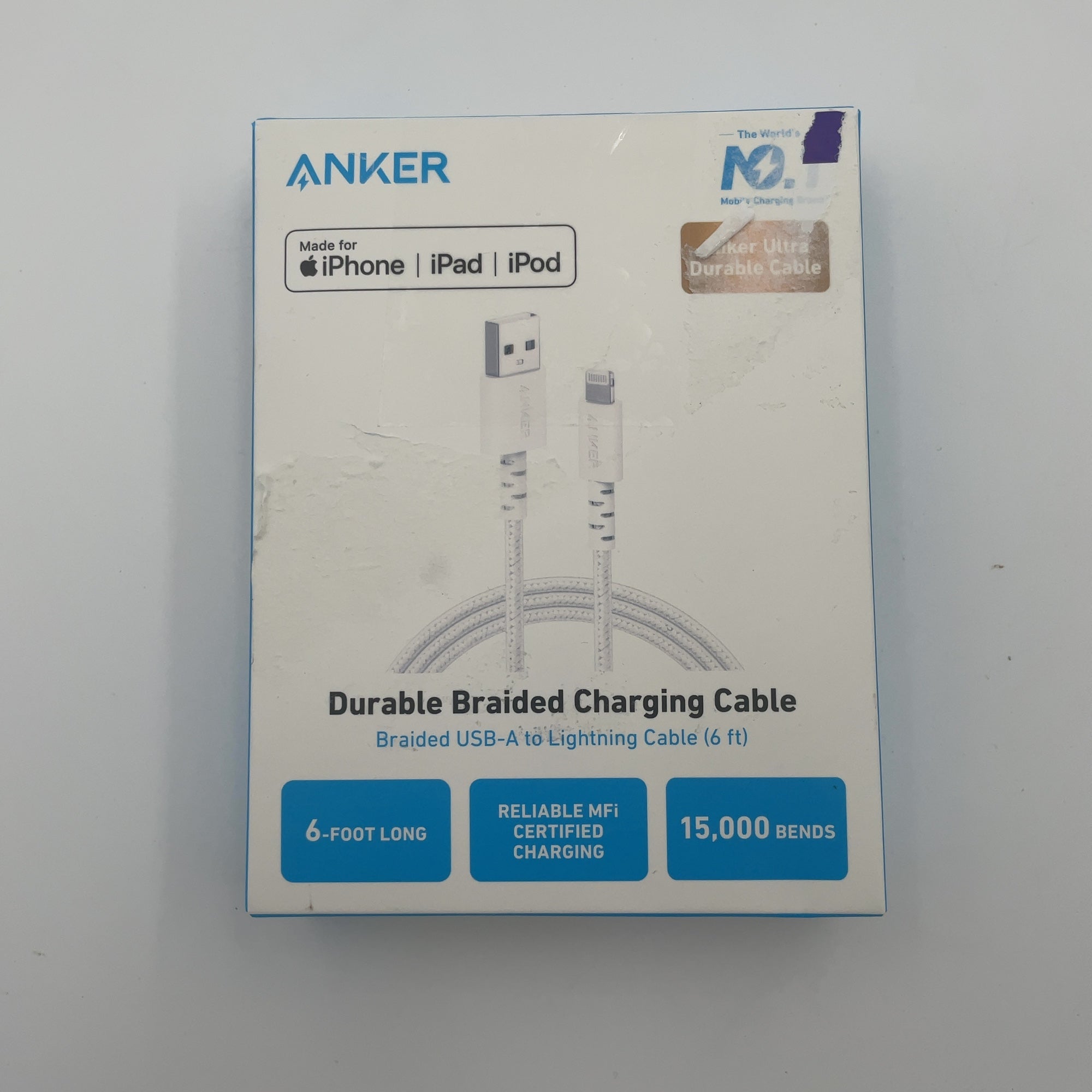 Anker 6' Braided Lightning To Usb-A Charging Cable - White: Apple Lightning Connector