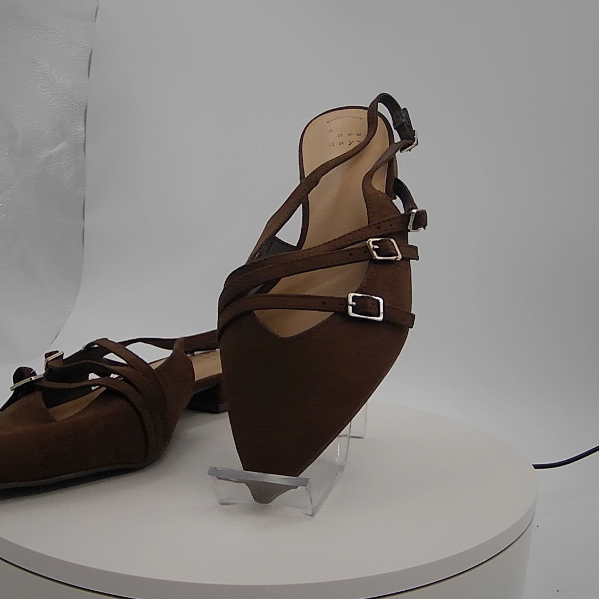 Women's Twiggy Multi Buckle Mini Heel Flats With Memory Foam Insole - A New Day Brown 9: Faux Suede, Pointed Toe