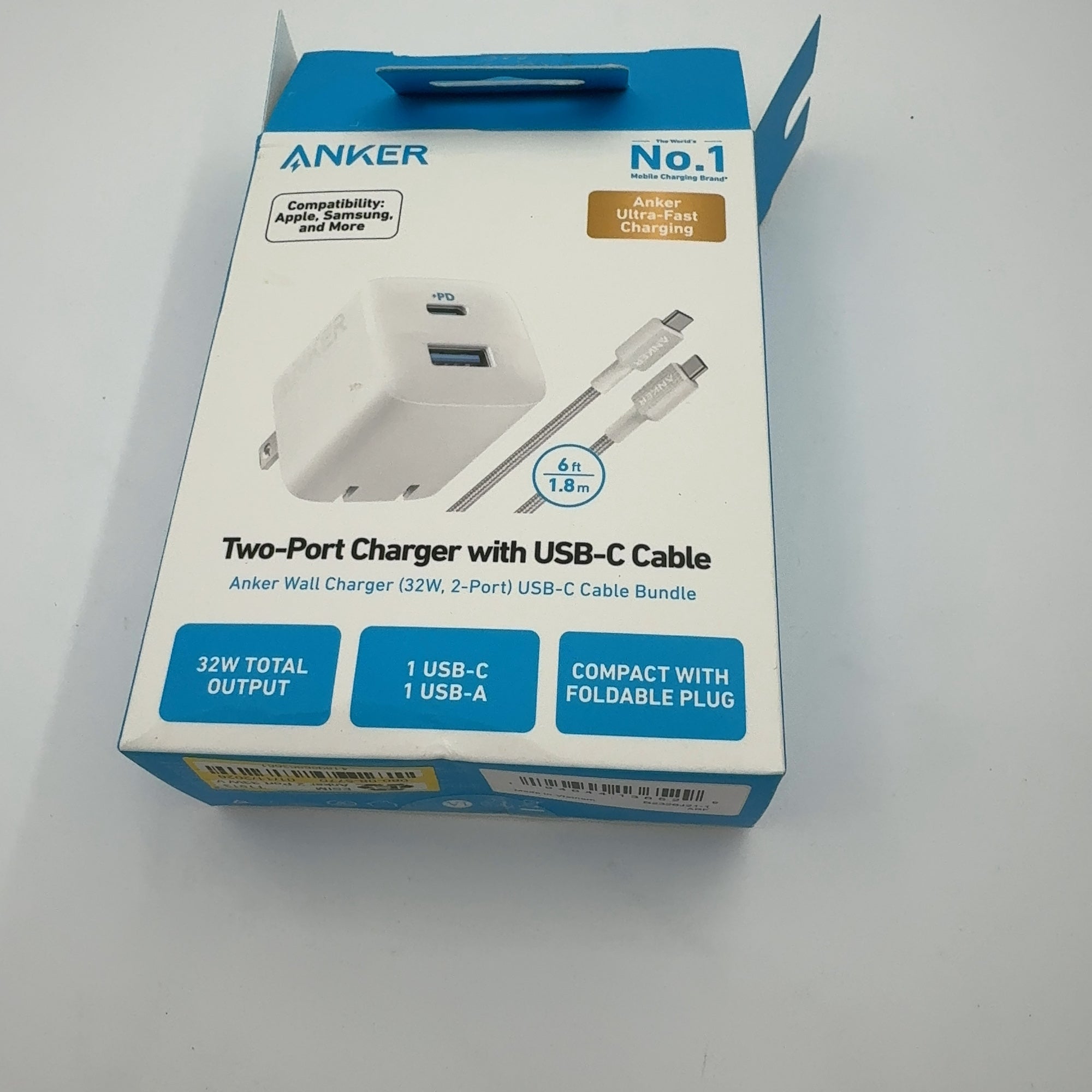 Anker 2 Port 33W Wall Charger With 6' Usb-C To Usb-C Cable - White: Quick Charge, 9V Output