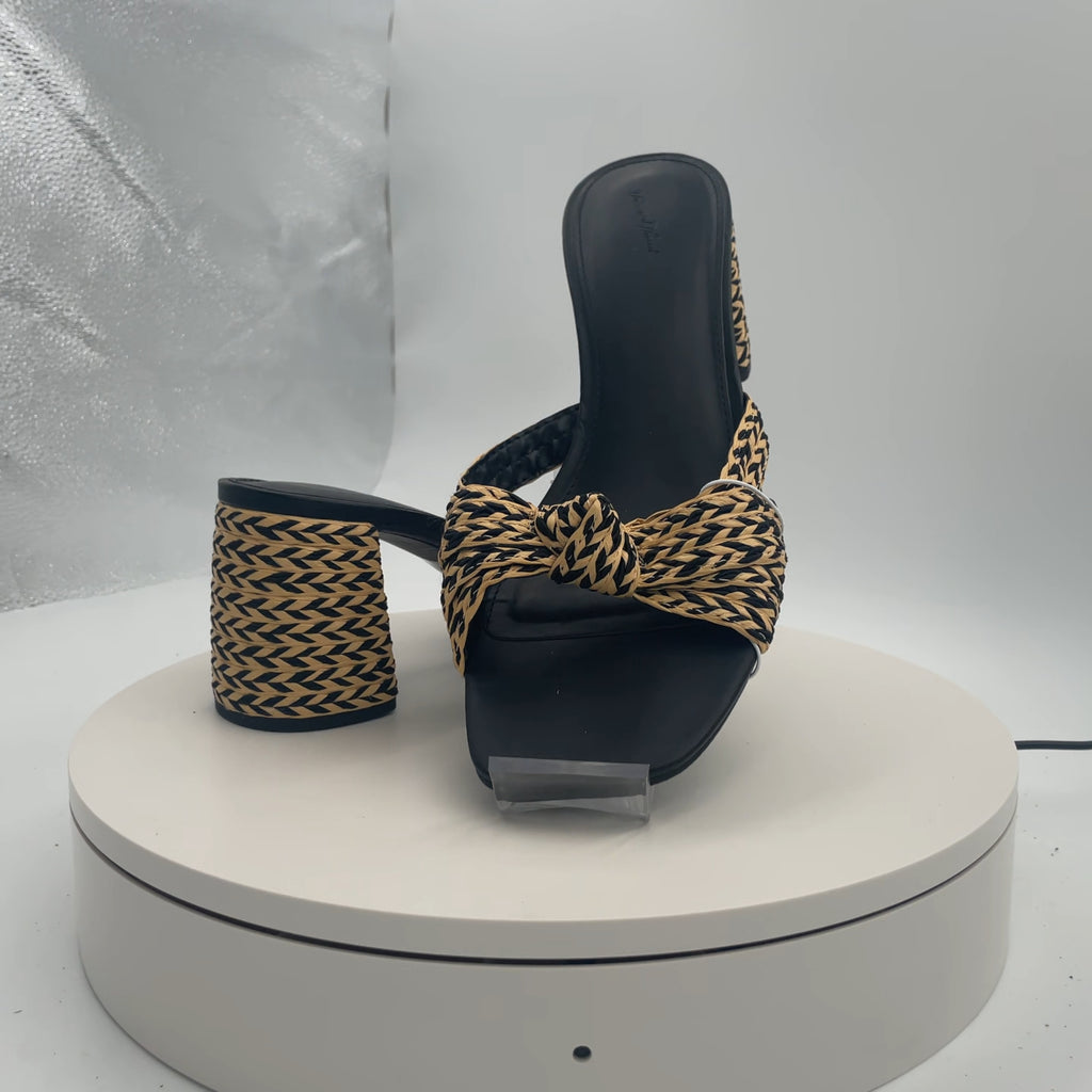 Women's Aaliyah Raffia Strappy Knot Sandal Heels - Universal Thread Black 11: Open Toe, Block Heel, Slip On, Square Toe