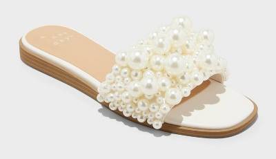 Women's Nylah Pearl Slide Sandals - A New Day Cream 9.5: Open Toe, Memory Foam Insole, Textured Tpr Outsole, Faux Leather
