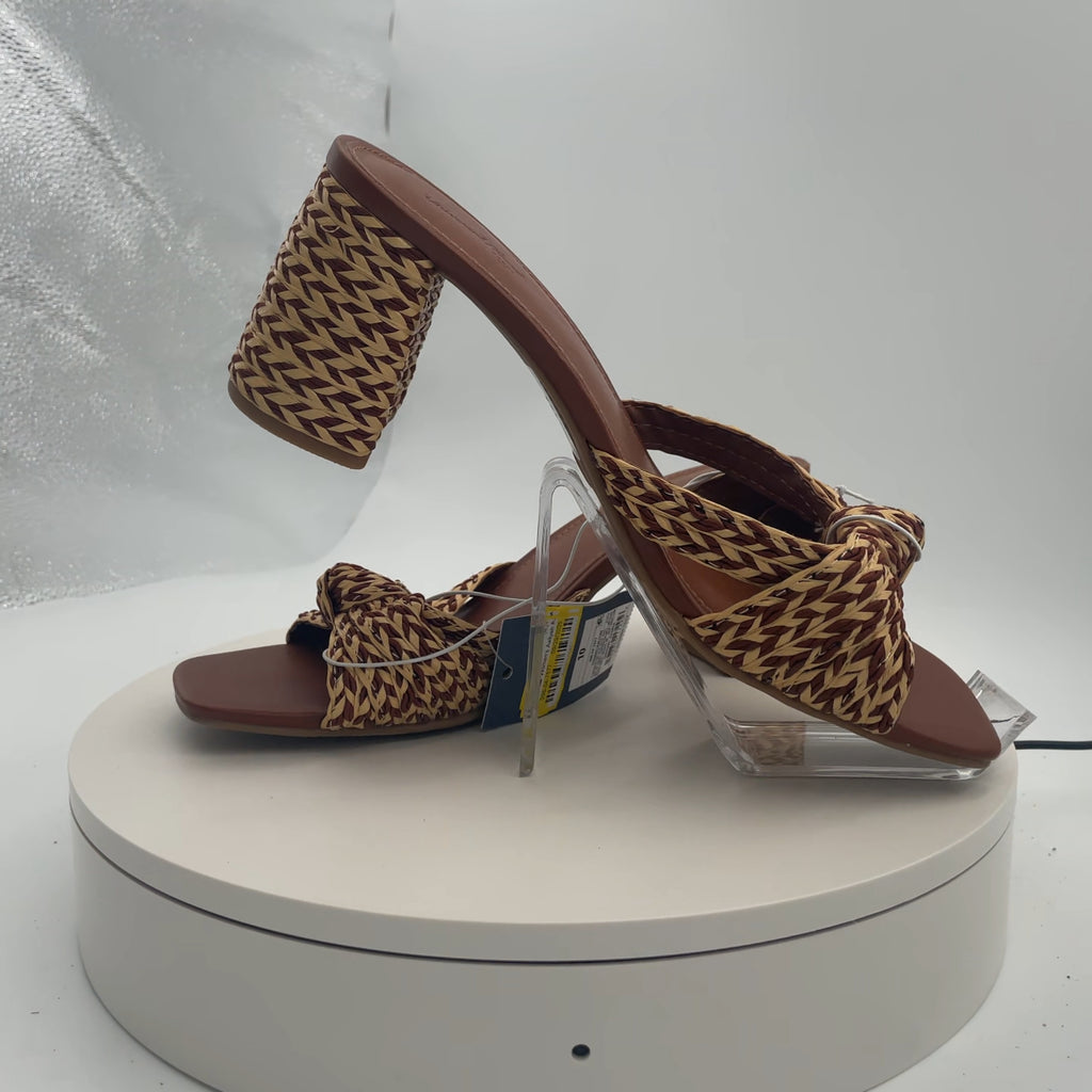 Women's Aaliyah Raffia Strappy Knot Sandal Heels - Universal Thread Cognac 10: Block Heel, Open Square Toe