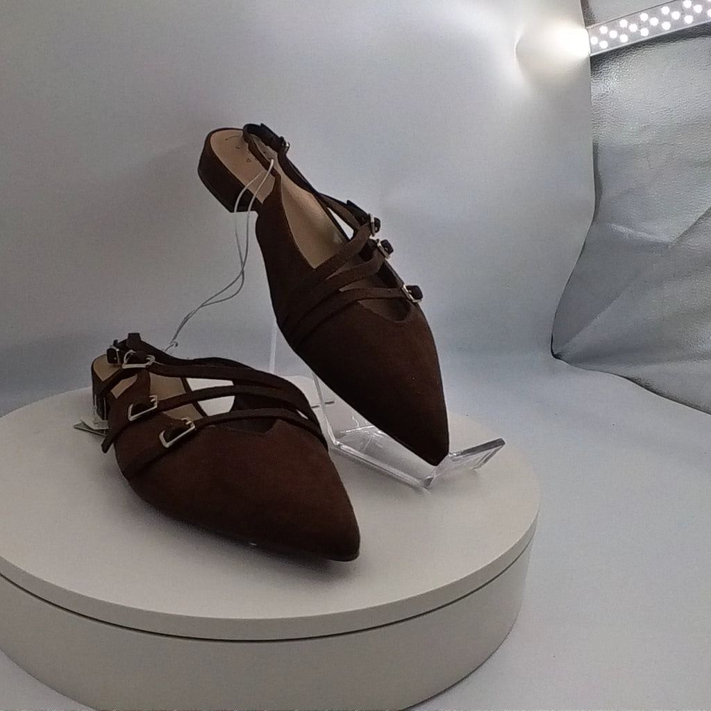 Women's Twiggy Multi Buckle Mini Heel Flats With Memory Foam Insole - A New Day Brown 8: Faux Suede, Pointed Toe - Like New U001