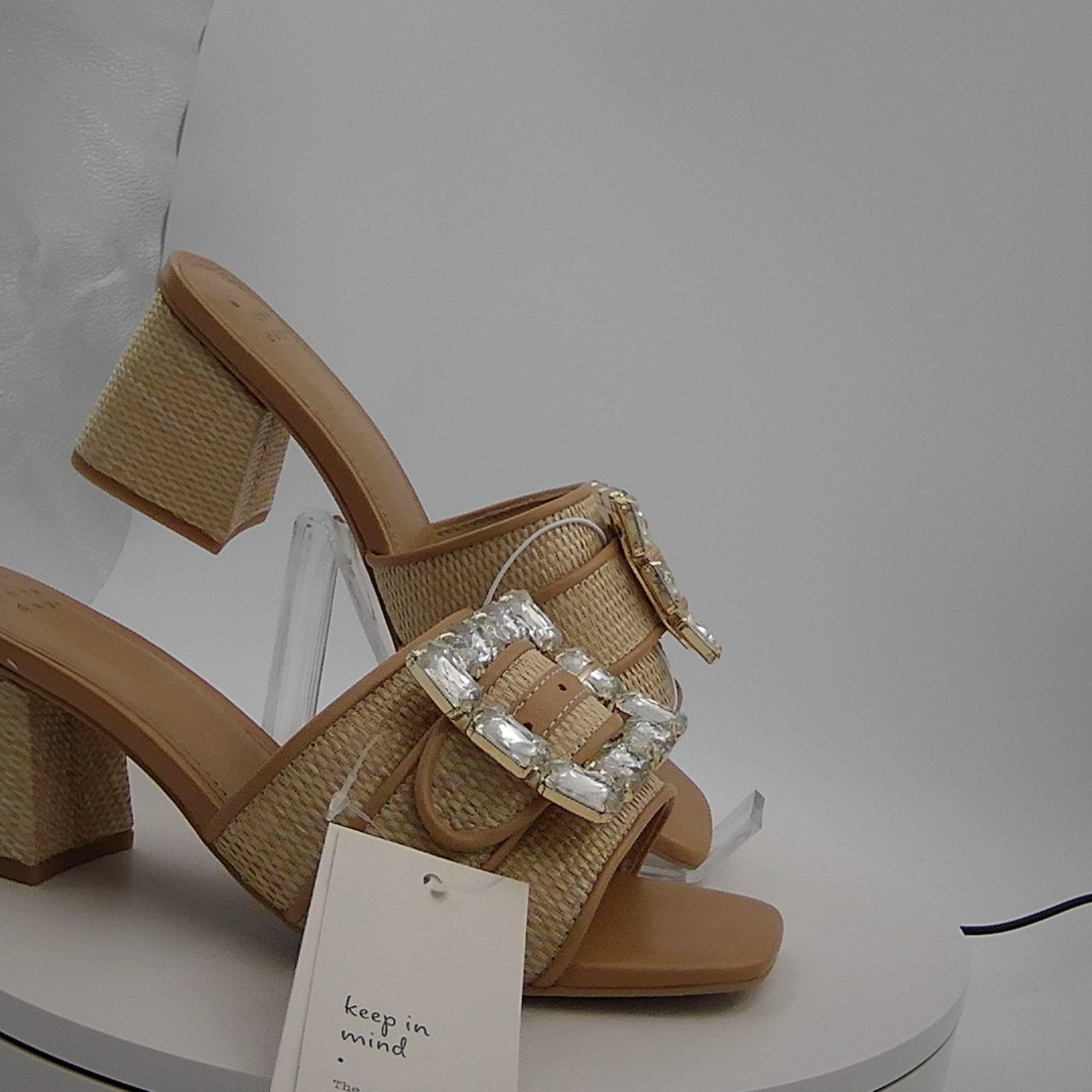 Women's Kathleen Raffia Buckle Block Heels - A New Day Beige 7: Slip-On Open Square Toe, Medium Width