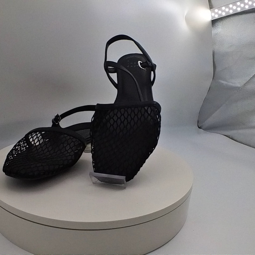 Women's Vanna Fishnet Slingback Flats With Memory Foam Insole - A New Day Black 9.5: Mesh Almond Toe, Buckle Closure - Used Good U001