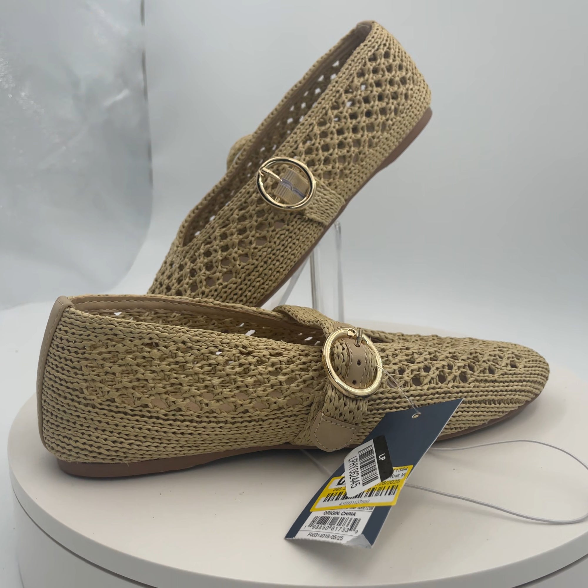 Women's Sia Knit Woven Mary Jane Flats - Universal Thread Beige 7.5: Cushioned Insole, Buckle Closure, Textured Outsole