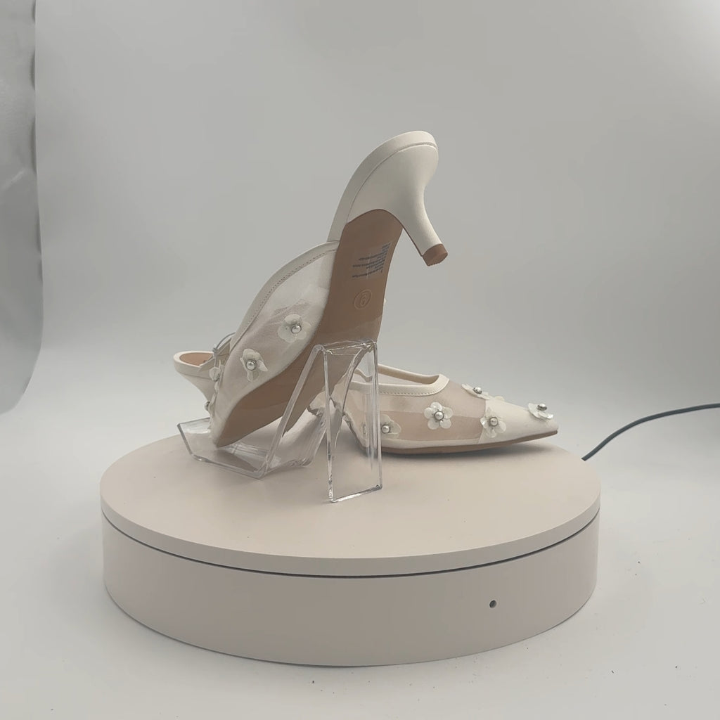 Women's Delilah Mesh Floral Mule Heels - A New Day White 9: Kitten, Medium Width, Textured Outsole