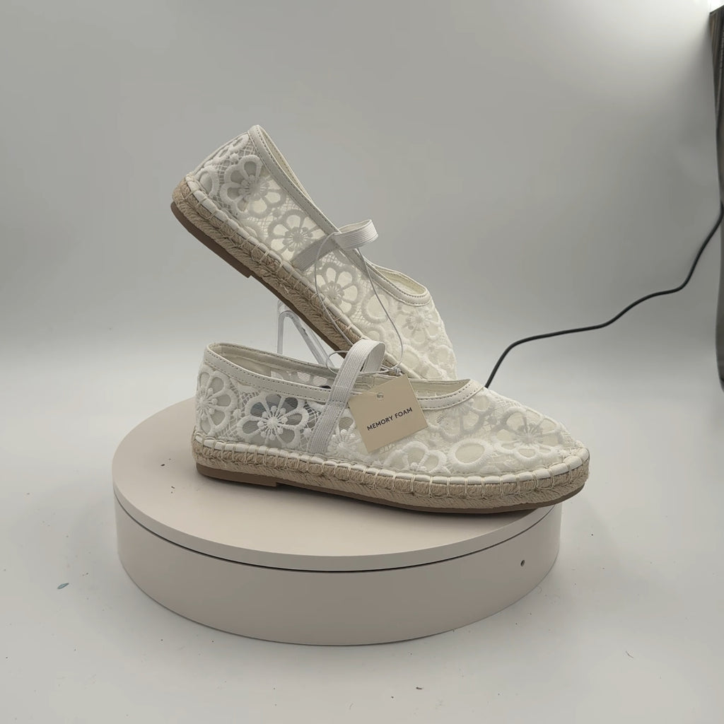 Women's Celia Floral Lace Mary Jane Espadrille Flat With Memory Foam Insole - Universal Thread White 7.5: Breathable Mesh, Pull-On Style