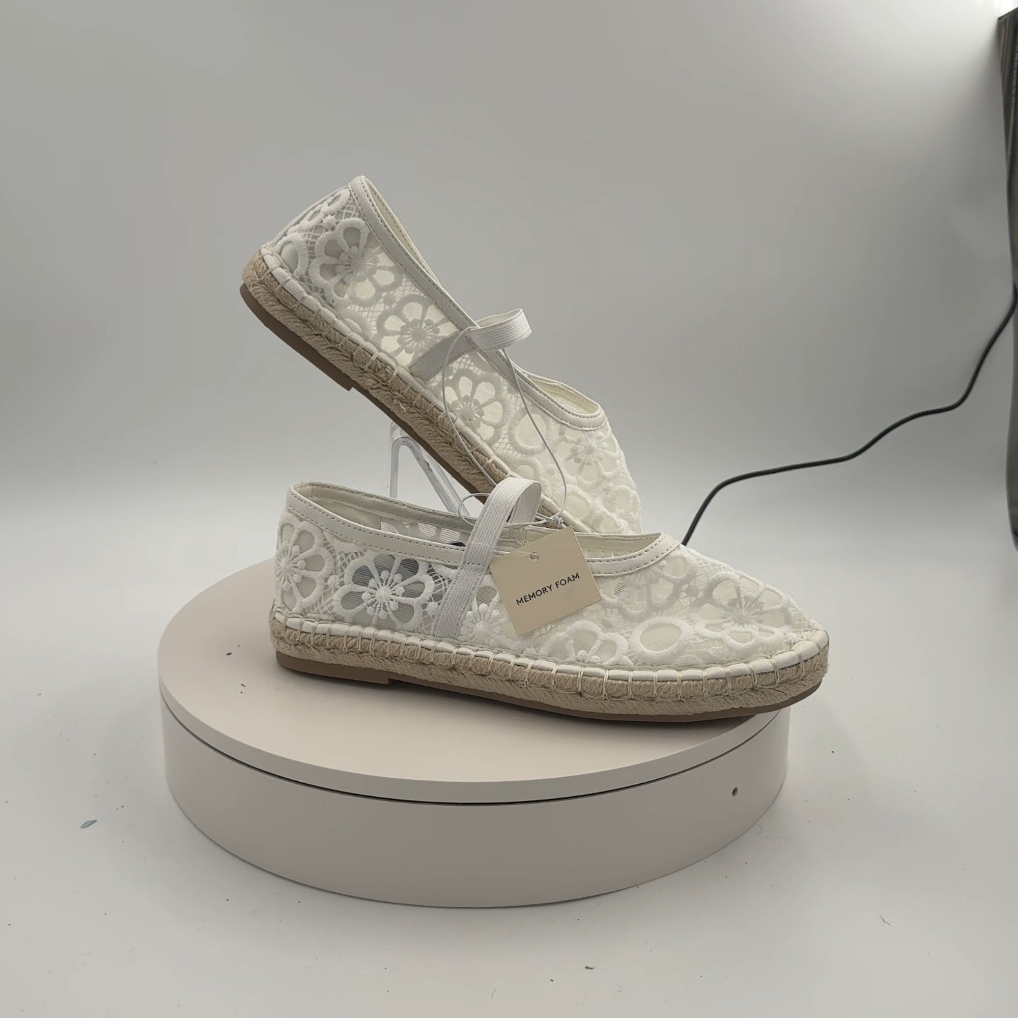 Women's Celia Floral Lace Mary Jane Espadrille Flat With Memory Foam Insole - Universal Thread White 7.5: Breathable Mesh, Pull-On Style