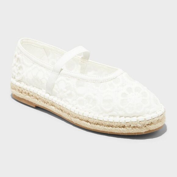 Women's Celia Floral Lace Mary Jane Espadrille Flat with Memory Foam Insole - Universal Thread White 7: Breathable Mesh Upper