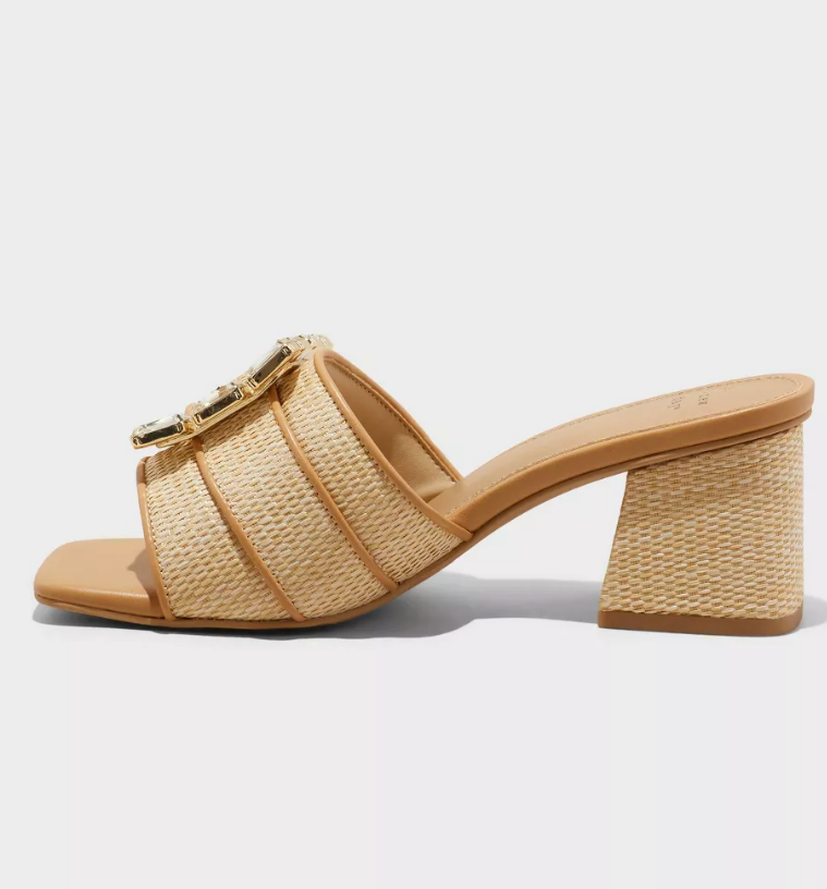 Women's Kathleen Raffia Buckle Block Heels - A New Day Beige 9.5: Slip-On Open Square Toe, Medium Width