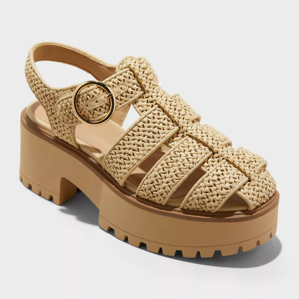 Women's Elide Raffia Fisherman Platform Heels With Memory Foam Insole - Wild Fable Tan 8: Wedge Heel, Buckle Closure, Textured Outsole - Used U001