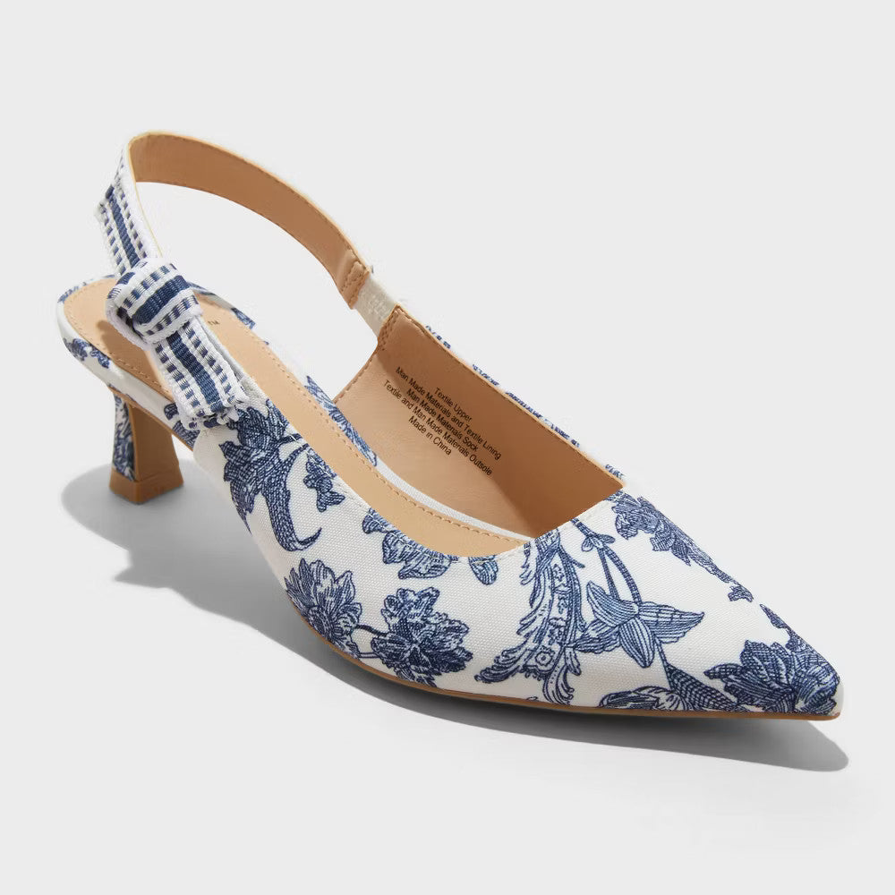 Women's Milan Floral Print Slingback Heels - A New Day Blue 7: Stiletto, Cushioned Insole, Pointed Toe, Slip-On Style