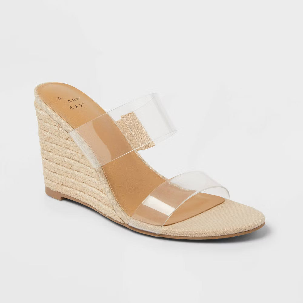 Women's Ansel Double Band Open Toe Wedge Heels With Memory Foam Insole - A New Day Tan 8.5: Slip-On, Platform Heel