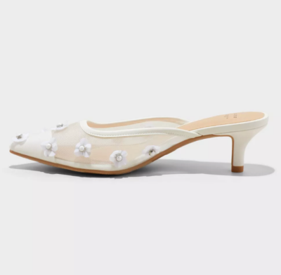Women's Delilah Mesh Floral Mule Heels - A New Day White 9: Kitten, Medium Width, Textured Outsole
