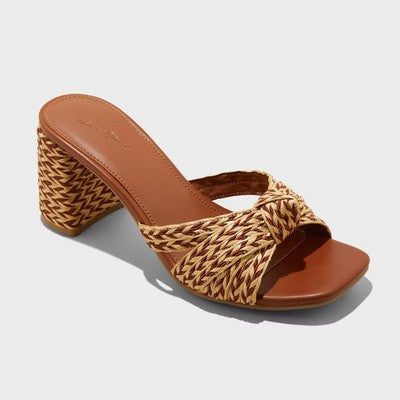 Women's Aaliyah Raffia Strappy Knot Sandal Heels - Universal Thread Cognac 10: Block Heel, Open Square Toe