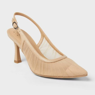 Women’s Abigail Pleated Mesh Sling Back Heels – A New Day Tan 7.5