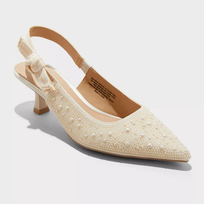 Women's Milan Pearl Slingback Heels - A New Day Ivory 10: Closed Pointed Toe, Cushioned Insole, Satin Finish, Medium Width