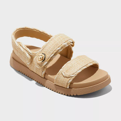 Women's Tilly Raffia Platform Footbed Sandals - A New Day Tan 11: Cushioned Insole, Hook And Loop Closure