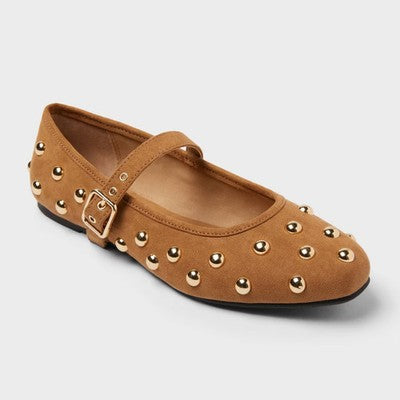 Women's Penny Gold Studded Mary Jane Flats With Memory Foam Insole - Universal Thread Cognac 10