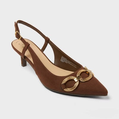 Women's Tabitha Oversized Chain Sling Back Heels With Memory Foam Insole - A New Day Brown 8