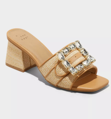 Women's Kathleen Raffia Buckle Block Heels - A New Day Beige 8.5: Slip-On Open Square Toe Pumps