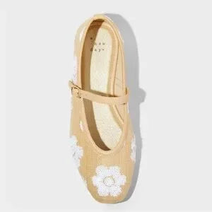Women's Issa Raffia Floral Sequin Mary Jane Ballet Flat with Memory Foam Insole - A New Day Tan 11: Medium Width, Pull-On Style